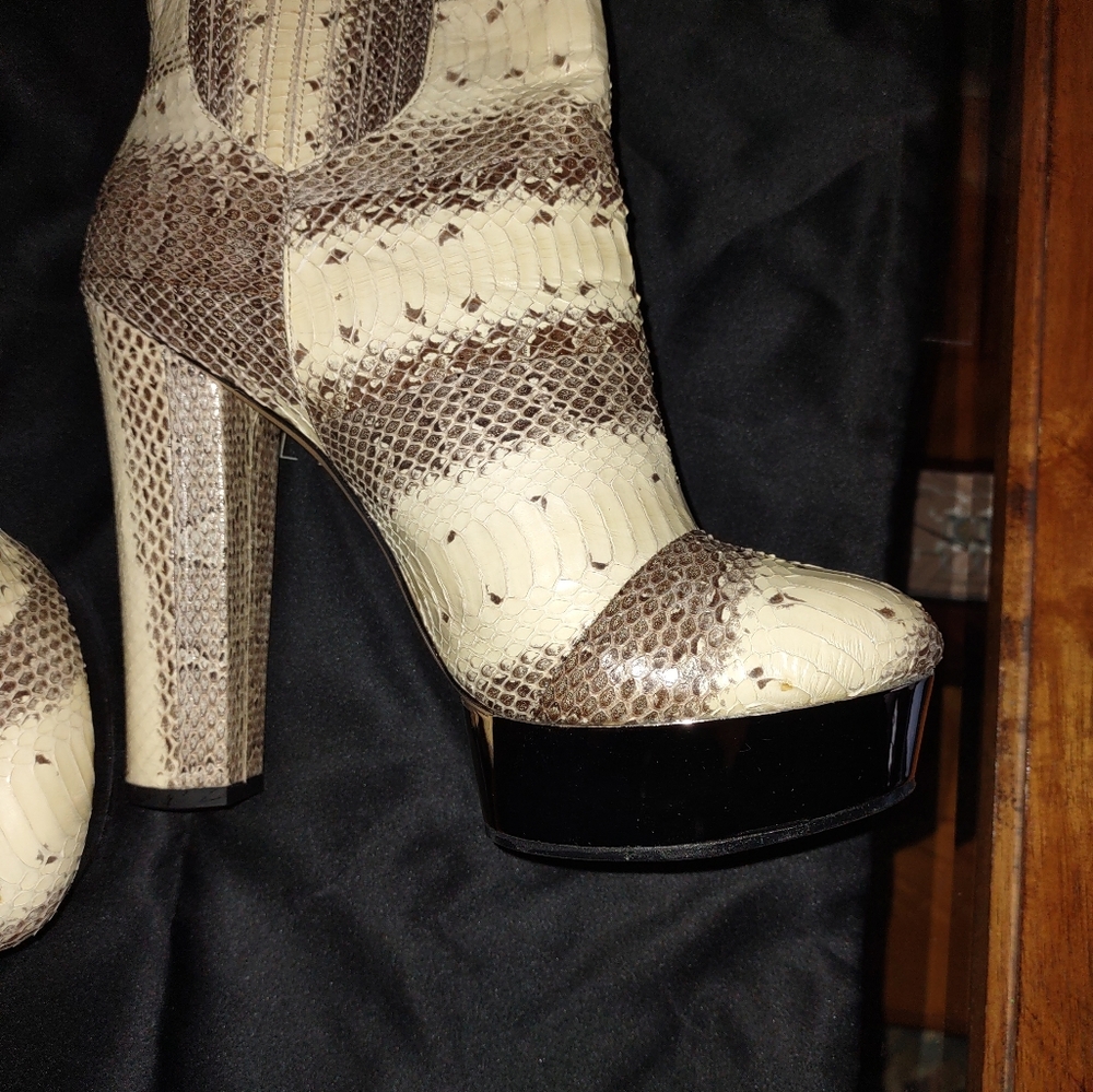 Rachel Zoe snakeskin platform boot with mirrored rose gold sole!